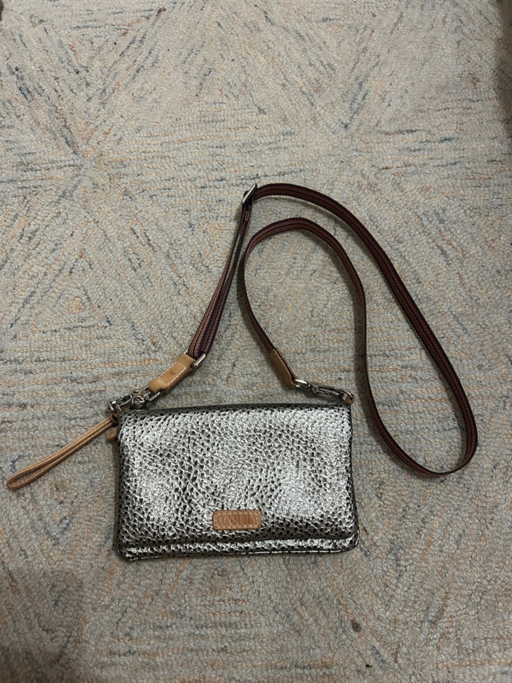 Consuela Metallic Silver Textured Crossbody with Tan & Brown Strap